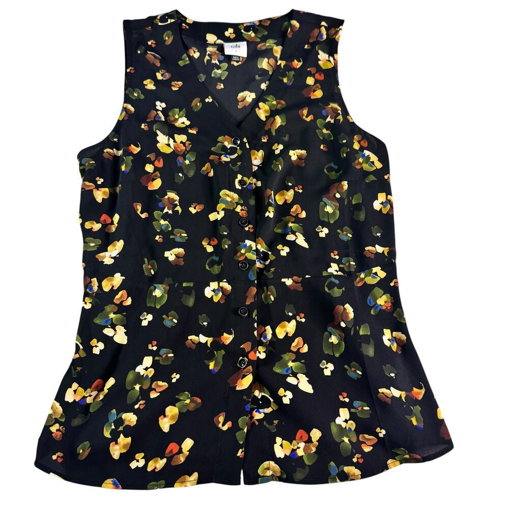 CAbi Flamo Blouse Style 6110 Floral Sleeveless V Neck Top Small Black